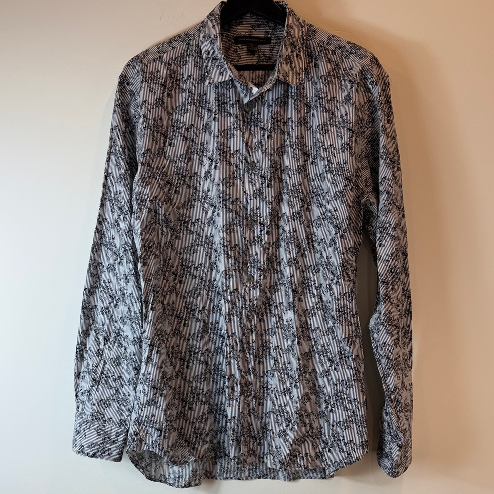 John Varvatos Black Floral on White Striped Button-Down Shirt